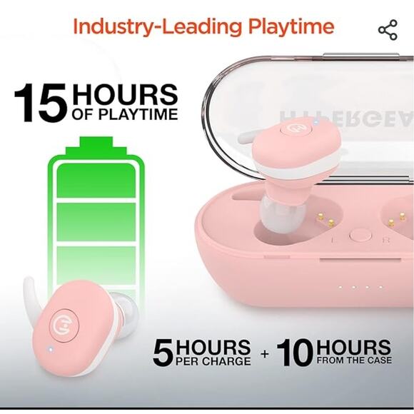 TRUE WIRELESS EARBUDS BLUETOOTH ACTIVE USB-C HYPERGEAR PINK WATERPROOF WITH CASE - Picture 4 of 8